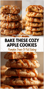 Stack of golden salted caramel apple pie cookies with a drizzle of caramel and bits of spiced apple filling.